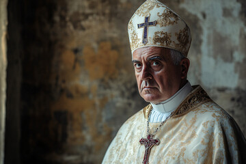 portrait of a solemn bishop wearing an ornate mitre and ceremonial robes standing in a dimly lit historical church with a serious expression  
