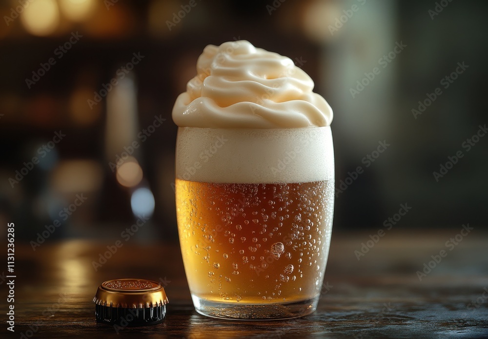 Poster close-up of a frosted glass filled with golden beer and creamy foam with a bottle cap on a rustic wo