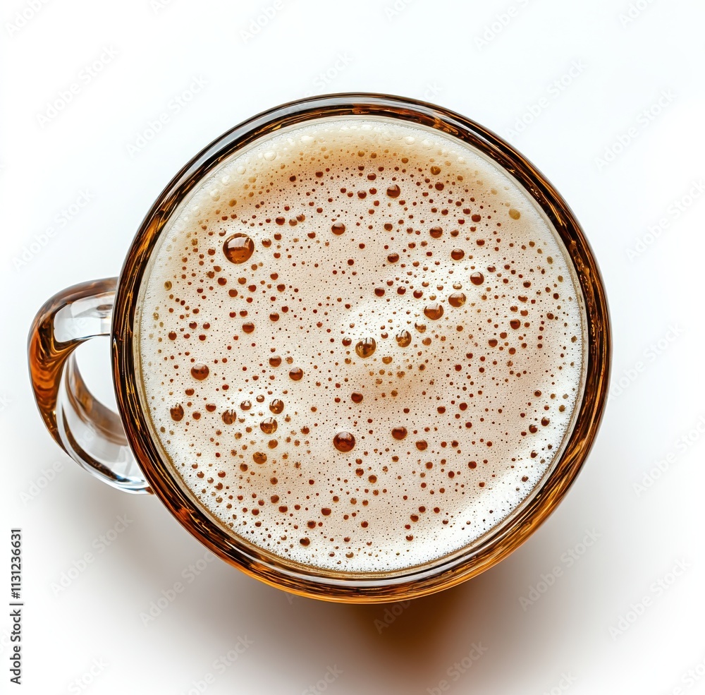 Poster Close-Up View of a Frothy Beer Mug Capturing Bubbles and Texture on a White Background Perfect for Beverage or Culinary Use