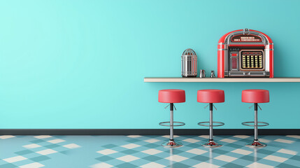 A vintage retro diner setup with checkerboard flooring, red bar stools, and a jukebox, isolated on a pastel blue background.
