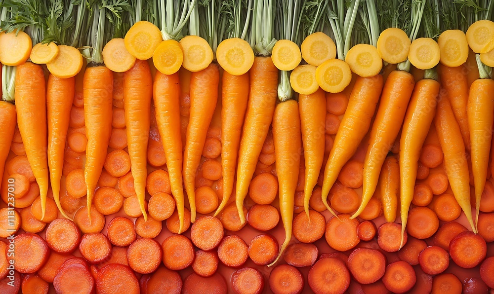 Poster a vibrant display of whole and sliced carrots arranged in rows