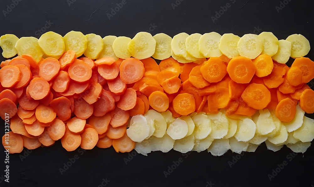 Poster sliced vegetables arranged in colorful rows on black background