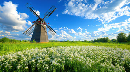 Windmill stands gracefully against a vibrant sky with fluffy clouds and green fields in a serene rural landscape. Generative AI