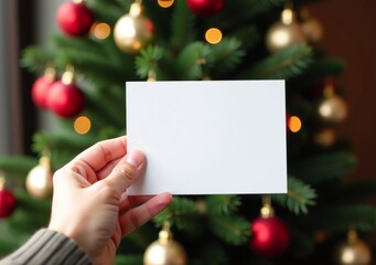 person holds blank card decorated christmas tree create personalized holiday greetings messages