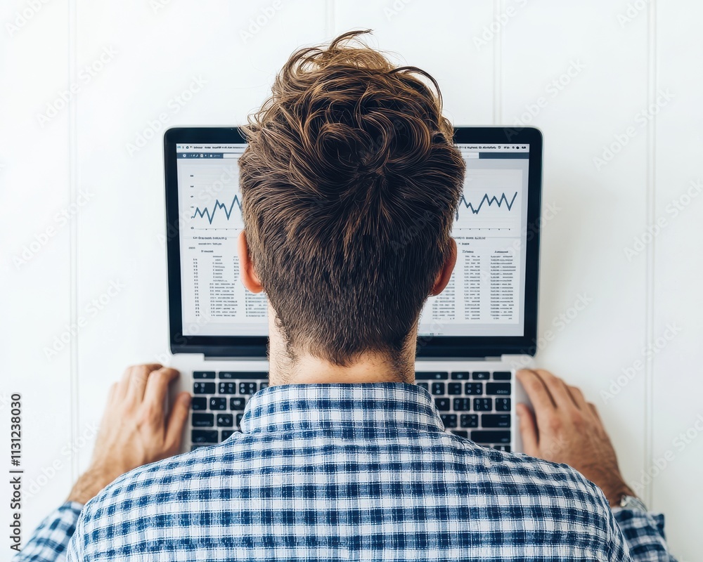 Poster young professional analyzing data trends on laptop with graphs and charts in modern workspace settin