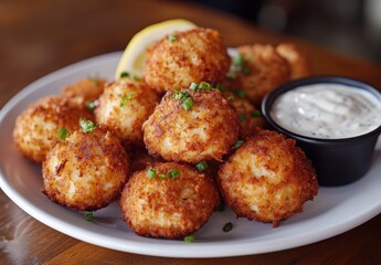 Crispy Golden Brown Fried Crab Cakes Served with Fresh Lemon Wedge and Creamy Dipping Sauce on a Rustic Wooden Table Setting