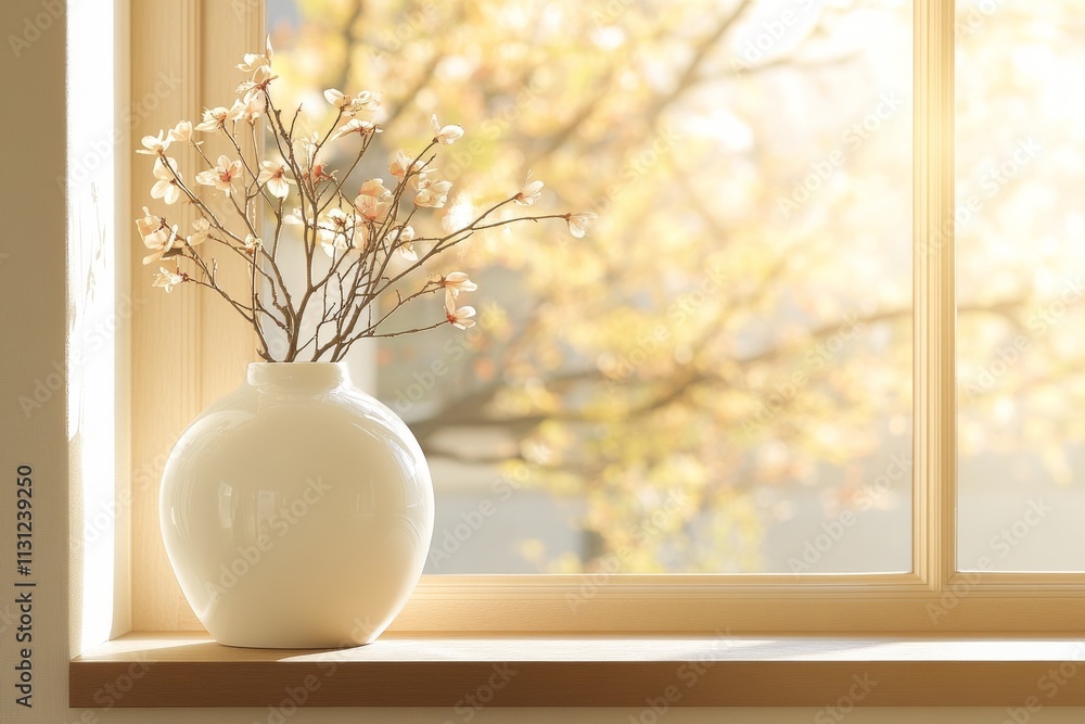 Poster light filters through a window highlighting a white vase with delicate branches and blossoms in a tr