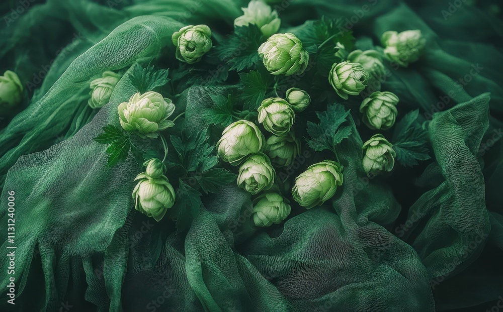 Aufkleber delicate green hops and ferns on soft fabric background creating an elegant and serene atmosphere fo