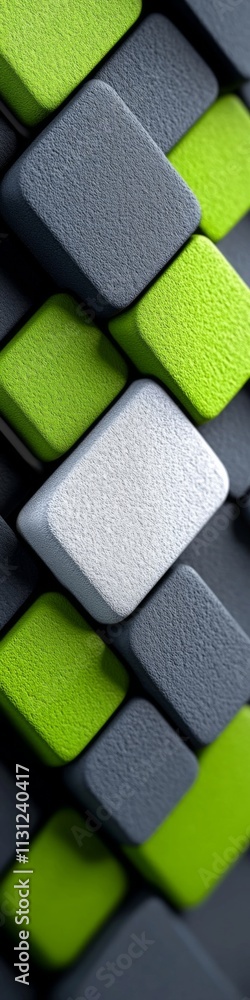 Poster colorful abstract pattern of textured cubes in shades of green and gray arranged in a creative layou
