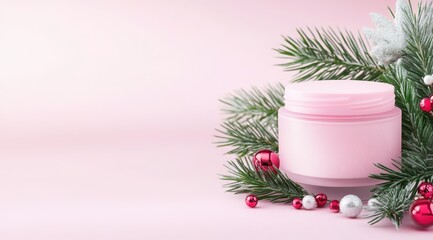 Christmas holiday web banner for a skincare company targeted at  women,pink background