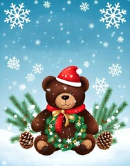 beautiful Christmas scene of teddy bear wearing Santa hat