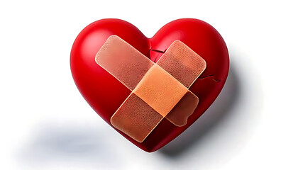 Broken red heart patched with bandages, symbol of healing or heartbreak, isolated on a white