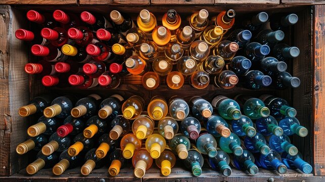 Overhead view of colorful wine bottles in a wooden crate.