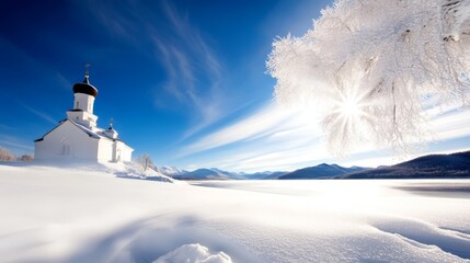 A white church in the middle of a snow covered field