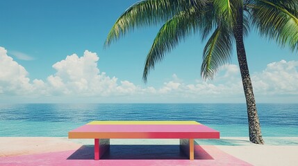 Obraz premium multicolored top empty table and palm tree and tropical beach background.