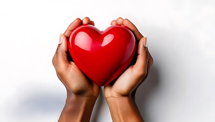 Obraz premium Hands holding a red heart on a white background.