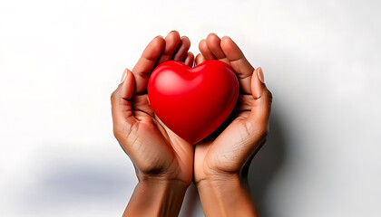 Fototapeta premium Hands holding a red heart on a white background.