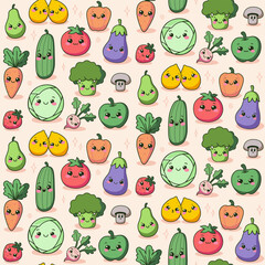 Fun vegetables and fruit pattern, seamless design