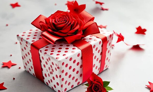 Gift wrapped in elegant paper adorned with red roses and scattered stars for a special celebration