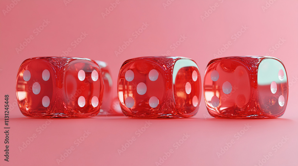 Poster colorful red dice arranged on a pink background showcasing various numbers and reflecting light. gen