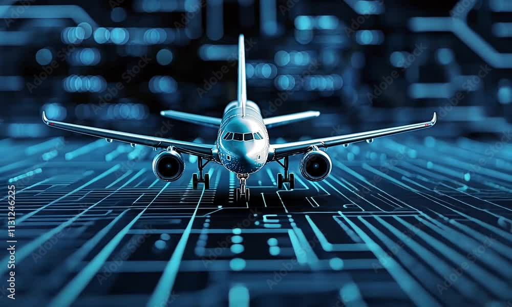 Poster exploring the intersection of technology and aviation with a stunning airplane model on a digital ke