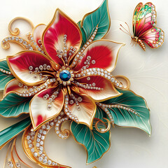 3D green and gold diamond flower with golden leaves