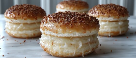 A close up of three donuts on a table