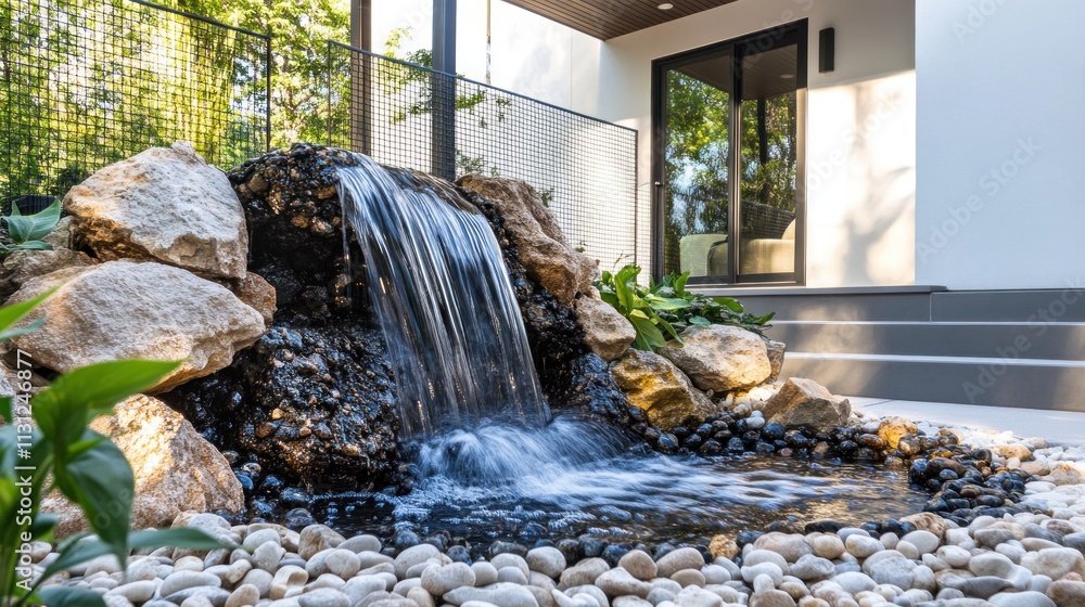 Poster modern backyard waterfall feature with rocks and pebbles.