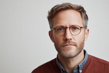 Obraz premium Man with glasses and neatly styled hair poses for a portrait in a minimalistic indoor setting