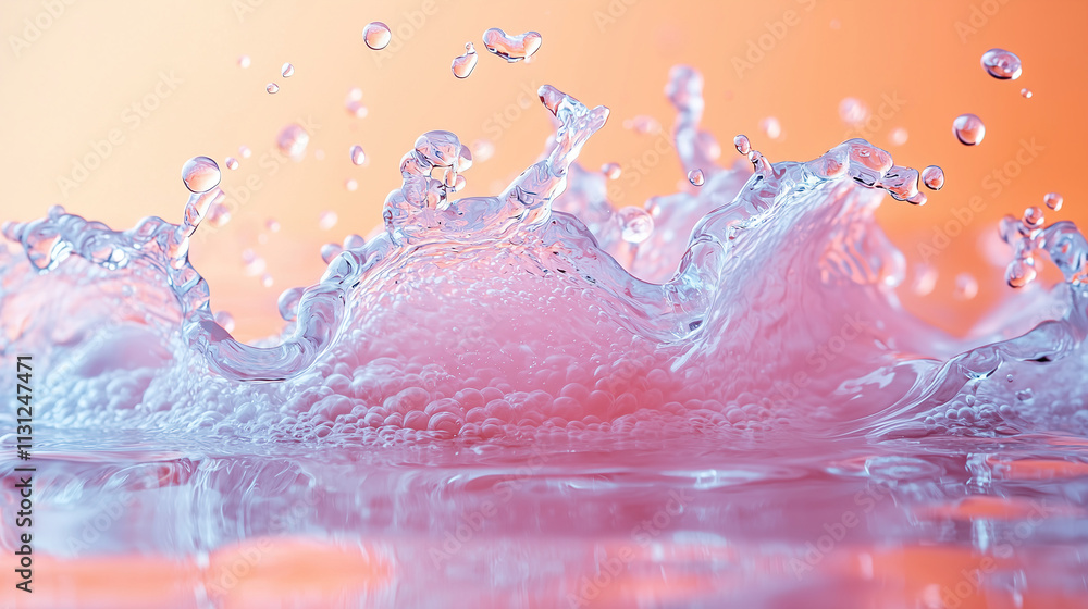 Poster water splash creating dynamic droplets with vibrant orange and pink background during sunset. genera