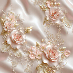 3D wallpaper featuring pink roses and gold lace