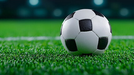 Fototapeta premium A close-up of a classic black and white soccer ball resting on vibrant green artificial turf under soft lighting.