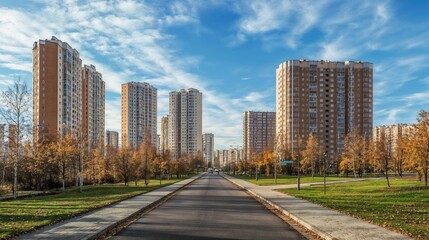Fototapeta premium Modern Urban Residential Complex in Warm Autumn Colors against Clear Sky