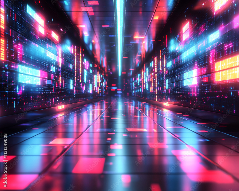 Poster futuristic ai-generated digital corridor virtual space technology concept neon environment perspecti