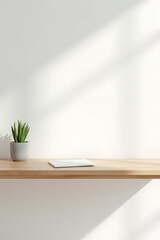 Fototapeta premium White office space features a real wood table top as its central focal point amidst a minimalist backdrop._00001_
