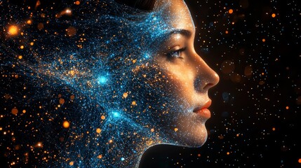 Obraz premium A woman's face is surrounded by glowing lines and dots