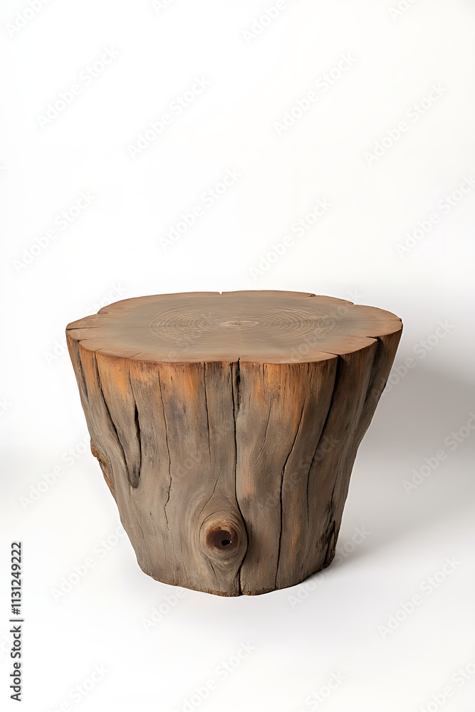 Poster weathered wooden texture of old tree stump tabletop contrasts with pristine white background in a un