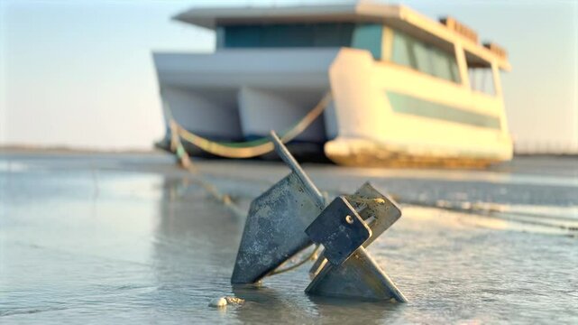 Metallic anchor resting against undisturbed golden sands captures steadfastness within tranquil setting, evoking harmony between enduring strength and natural peacefulness.