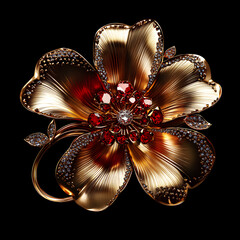 A stunning 3D gold flower adorned with red gems and diamonds