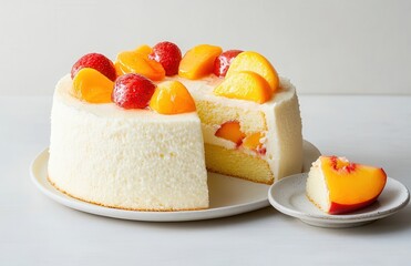 Deliciously Moist Layered Cake Decorated with Juicy Peaches and Strawberries, Perfect for Celebrations and Gatherings with Friends and Family