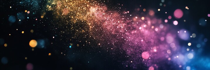 rainbow dust powder particles explosion, on black background for overlay