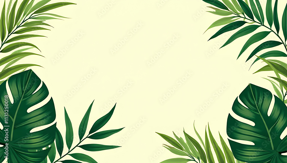 Poster vibrant tropical leaves on a soft pastel background create a stunning botanical design with lush gre