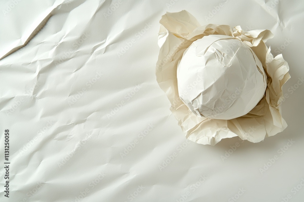 Aufkleber crumpled wrapping paper with a spherical object placed on a smooth surface under natural light