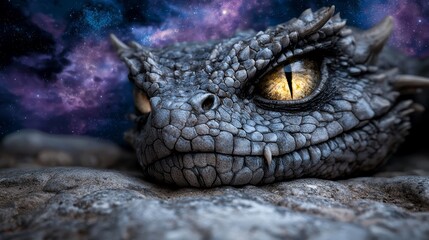 Naklejka premium A close up of a dragon's face on a rock