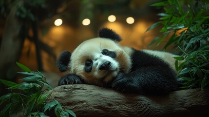 Obraz premium A panda bear sleeping on a tree branch in a forest