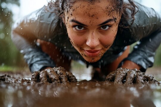 Woman engages in a challenging muddy obstacle course during a rainy day in an outdoor setting