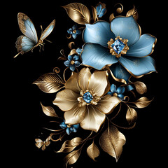Beautiful, shiny gold and blue flower with diamonds