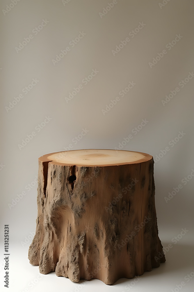 Aufkleber use a tree stump as a natural podium for a rustic and minimalist presentation of products on a woode