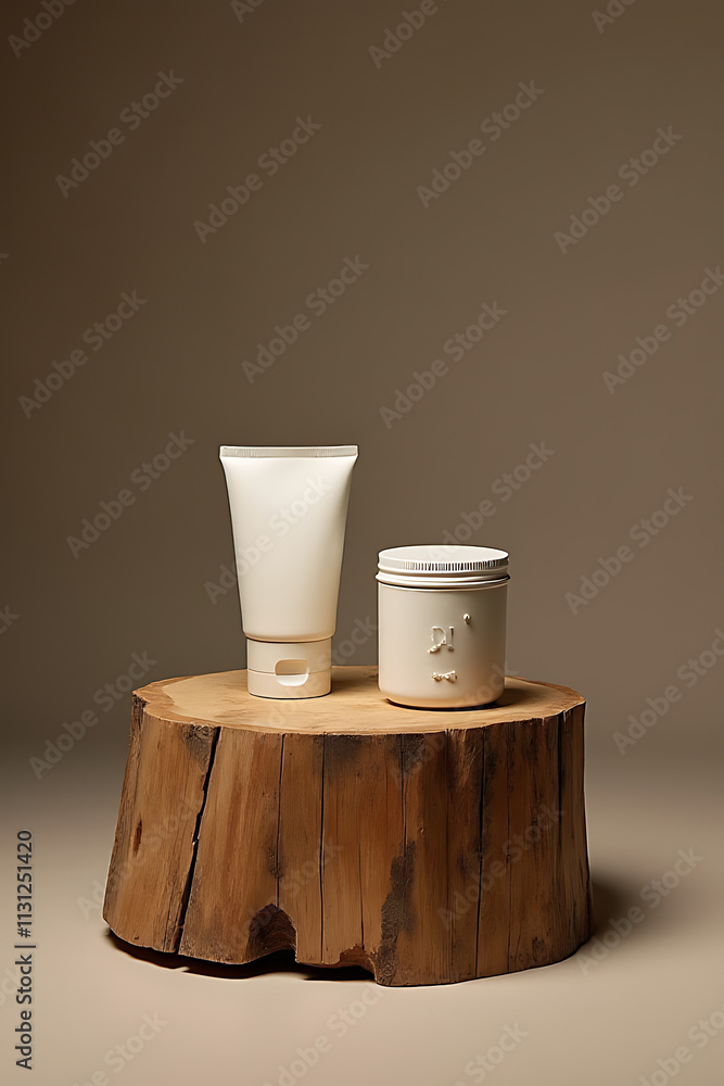 Poster use a tree stump as a natural podium for a rustic and minimalist presentation of products on a woode