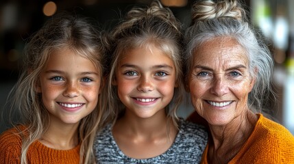 Fototapeta premium A woman and two young girls are smiling for the camera